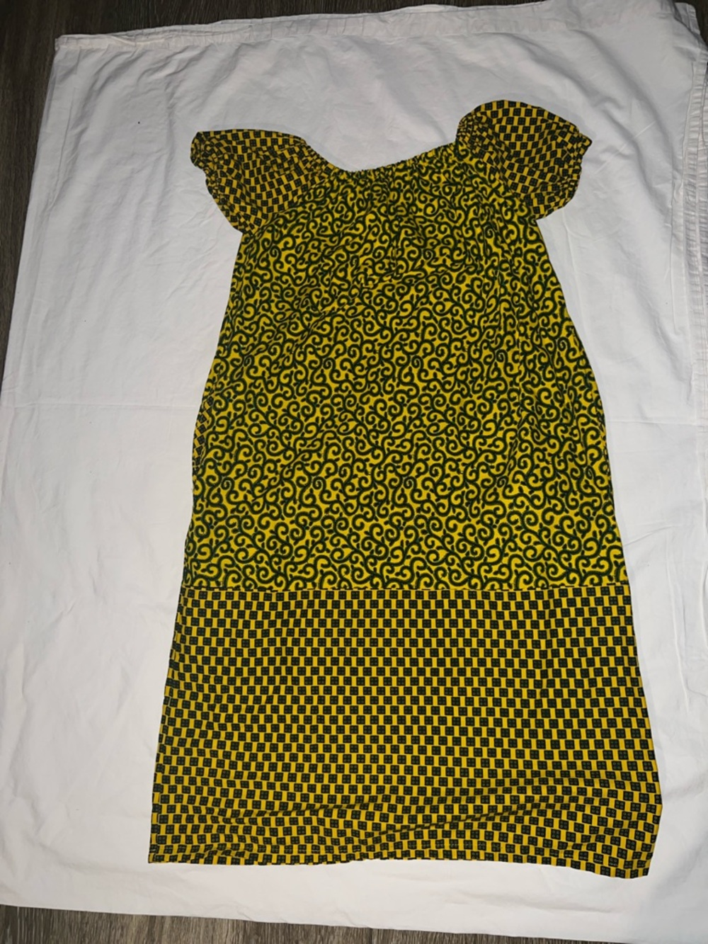 Yellow & Black Patterned Midi Dress with Puff Sleeves